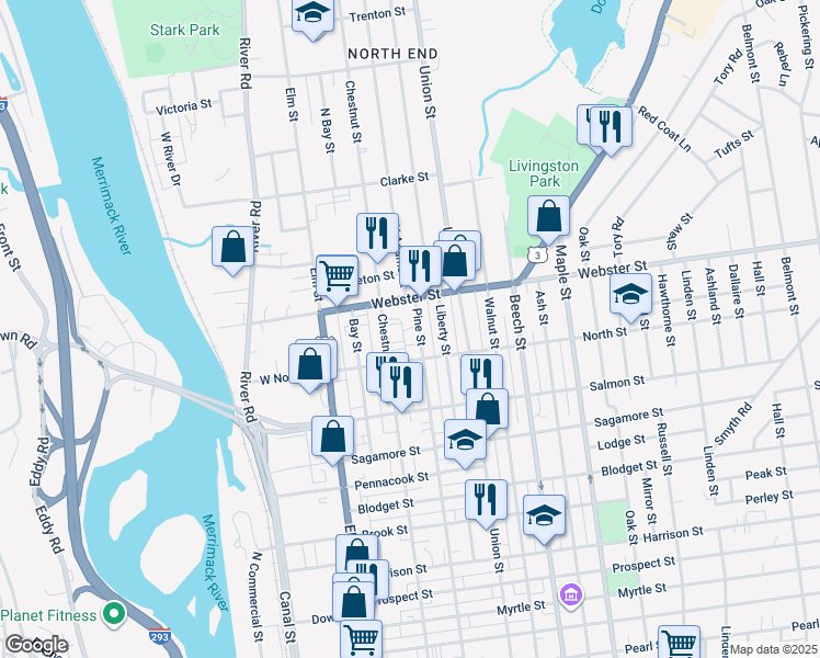 map of restaurants, bars, coffee shops, grocery stores, and more near 75 Webster Street in Manchester