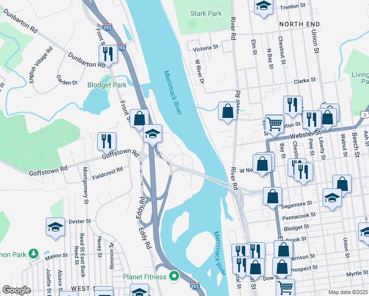 map of restaurants, bars, coffee shops, grocery stores, and more near 111 Front Street in Manchester