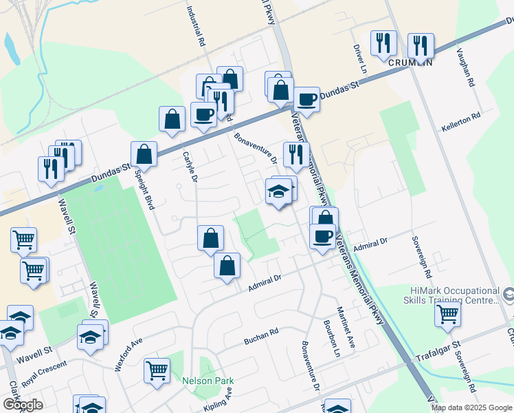 map of restaurants, bars, coffee shops, grocery stores, and more near 2189 Dundas Street in London