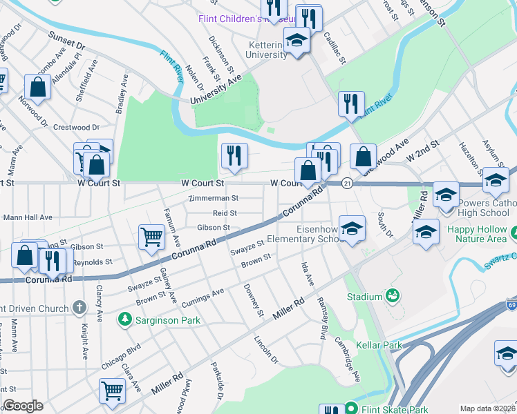 map of restaurants, bars, coffee shops, grocery stores, and more near 914 Vosburg Street in Flint