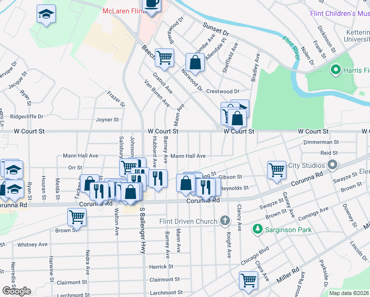 map of restaurants, bars, coffee shops, grocery stores, and more near 911 Mann Avenue in Flint