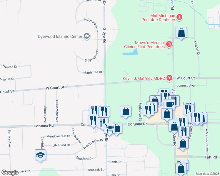 map of restaurants, bars, coffee shops, grocery stores, and more near 5242 West Court Street in Flint
