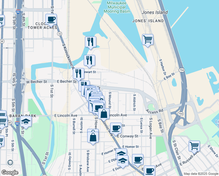 map of restaurants, bars, coffee shops, grocery stores, and more near 432 East Bay Street in Milwaukee