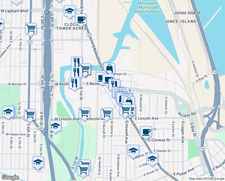 map of restaurants, bars, coffee shops, grocery stores, and more near in Milwaukee