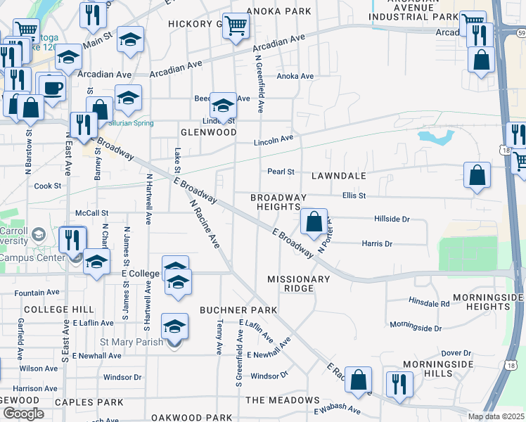 map of restaurants, bars, coffee shops, grocery stores, and more near in Waukesha