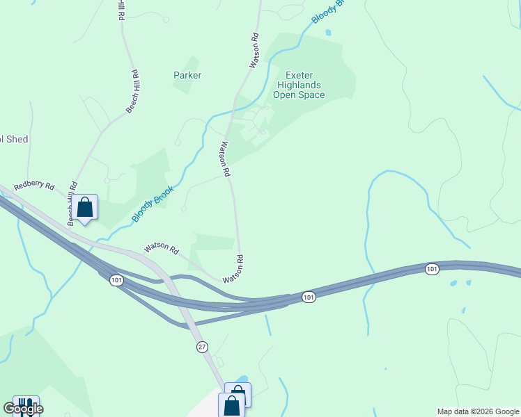 map of restaurants, bars, coffee shops, grocery stores, and more near 25 Watson Road in Exeter
