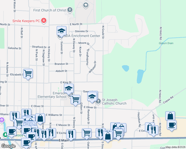 map of restaurants, bars, coffee shops, grocery stores, and more near 808 Wiltshire Drive in Owosso