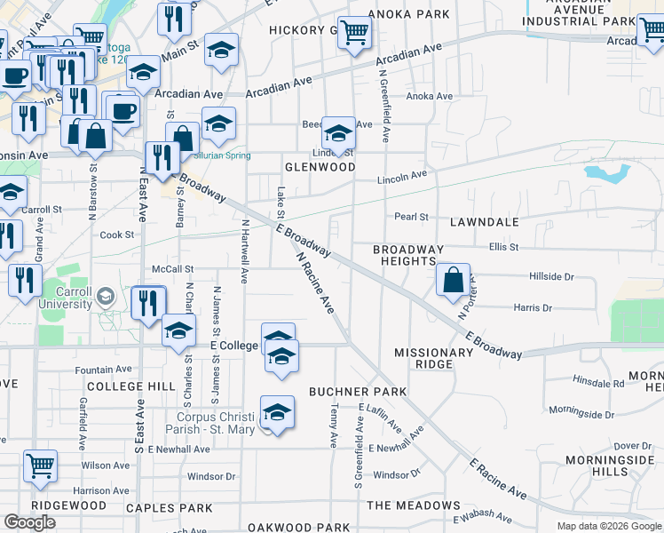 map of restaurants, bars, coffee shops, grocery stores, and more near 730 East Broadway in Waukesha