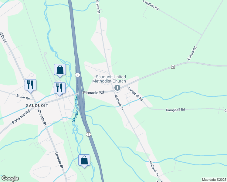 map of restaurants, bars, coffee shops, grocery stores, and more near Mohawk Street & Pinnacle Road in Sauquoit