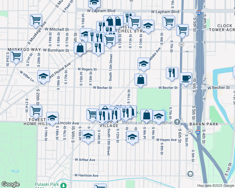 map of restaurants, bars, coffee shops, grocery stores, and more near 1136 West Becher Street in Milwaukee