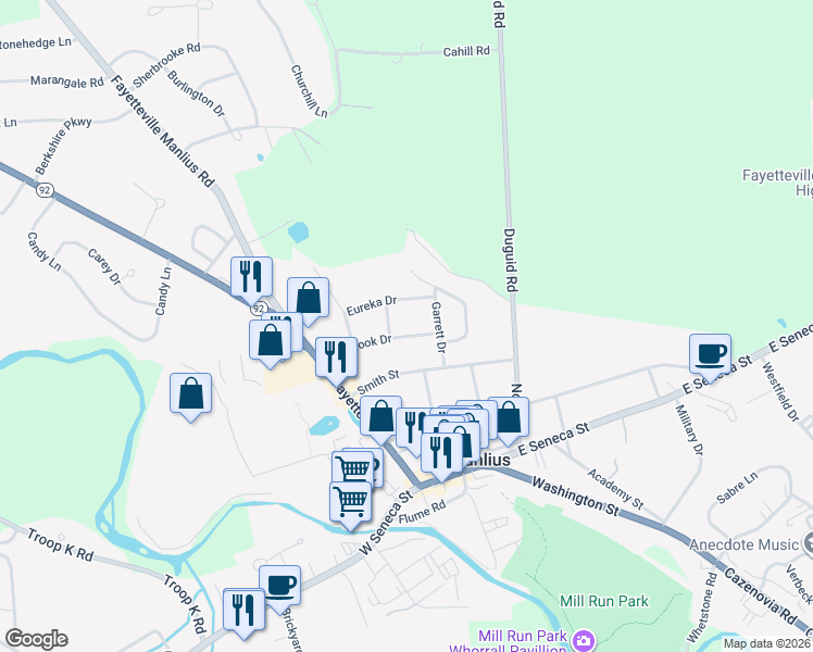 map of restaurants, bars, coffee shops, grocery stores, and more near 208 Eureka Drive in Manlius