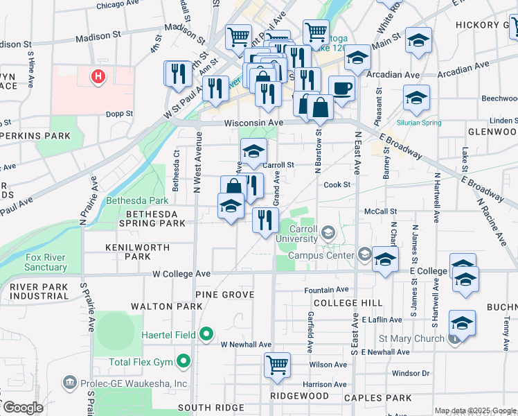 map of restaurants, bars, coffee shops, grocery stores, and more near 322 Williams Street in Waukesha