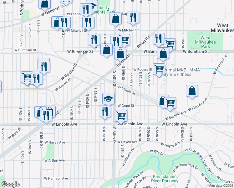 map of restaurants, bars, coffee shops, grocery stores, and more near 2114 South 60th Street in West Allis