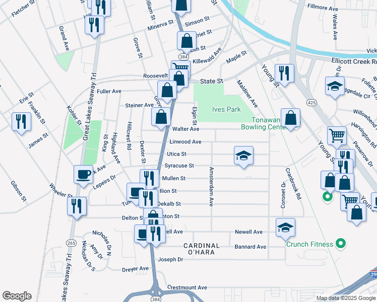 map of restaurants, bars, coffee shops, grocery stores, and more near 63 Linwood Avenue in Tonawanda