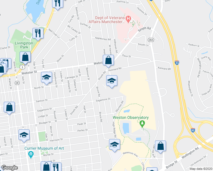 map of restaurants, bars, coffee shops, grocery stores, and more near 50 Chalet Ct in Manchester