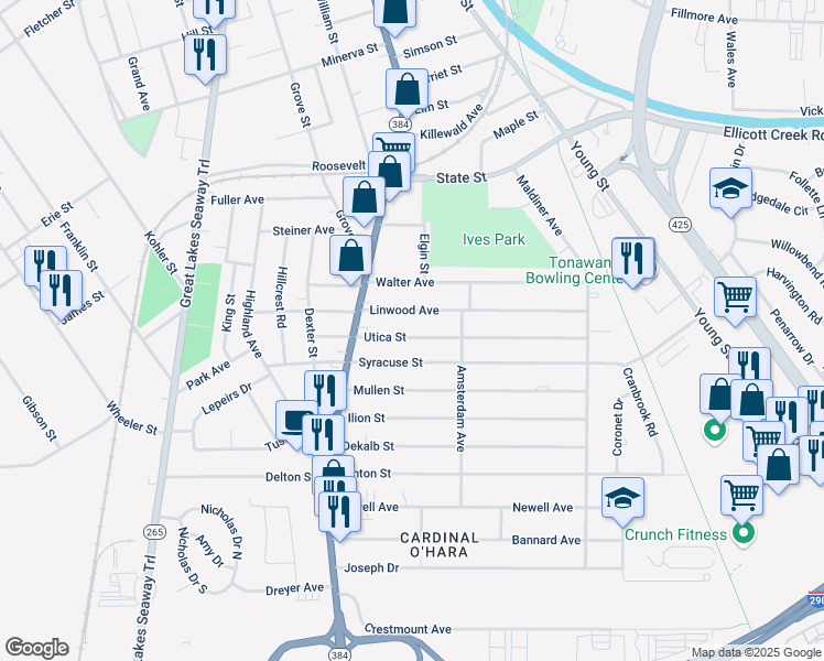map of restaurants, bars, coffee shops, grocery stores, and more near 63 Linwood Avenue in Tonawanda