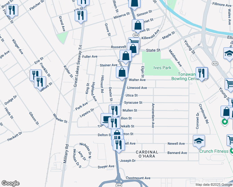 map of restaurants, bars, coffee shops, grocery stores, and more near 13 Milton Street in Tonawanda