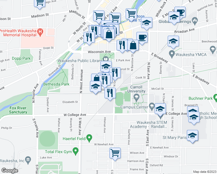 map of restaurants, bars, coffee shops, grocery stores, and more near 327 Arlington Street in Waukesha