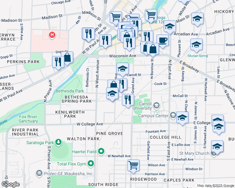 map of restaurants, bars, coffee shops, grocery stores, and more near 320 Maple Avenue in Waukesha