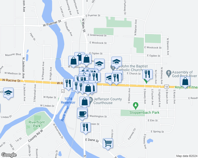 map of restaurants, bars, coffee shops, grocery stores, and more near 232 East Church Street in Jefferson