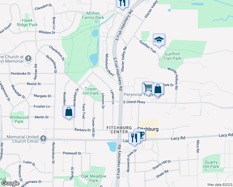 map of restaurants, bars, coffee shops, grocery stores, and more near 2792 Lyman Lane in Fitchburg