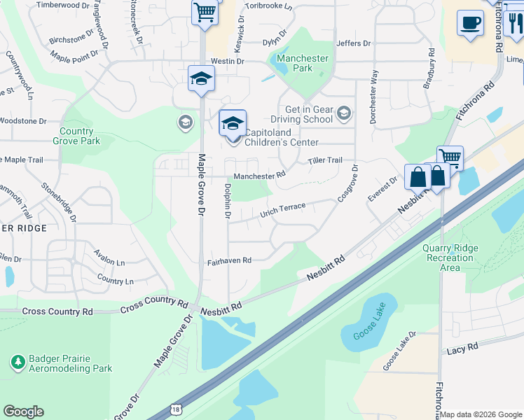 map of restaurants, bars, coffee shops, grocery stores, and more near 6526 Urich Terrace in Madison
