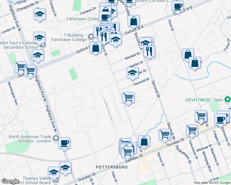 map of restaurants, bars, coffee shops, grocery stores, and more near 549 First Street in London