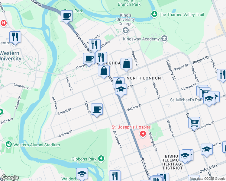 map of restaurants, bars, coffee shops, grocery stores, and more near 1083 Richmond Street in London