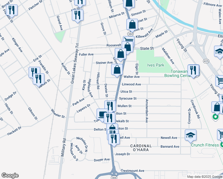 map of restaurants, bars, coffee shops, grocery stores, and more near 13 Milton Street in Tonawanda