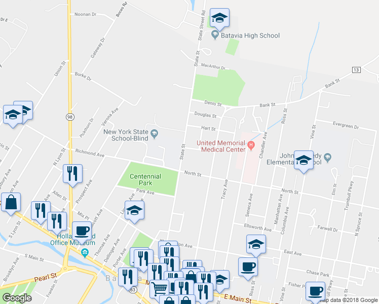 map of restaurants, bars, coffee shops, grocery stores, and more near 2 Fairmont Avenue in Batavia