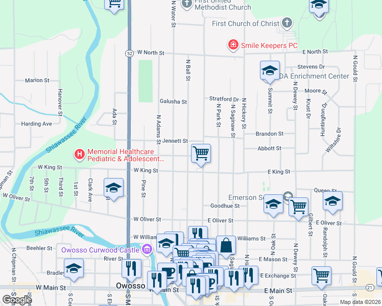 map of restaurants, bars, coffee shops, grocery stores, and more near 823 North Washington Street in Owosso