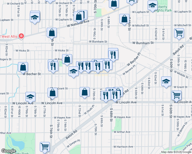 map of restaurants, bars, coffee shops, grocery stores, and more near 7006 West Becher Street in West Allis