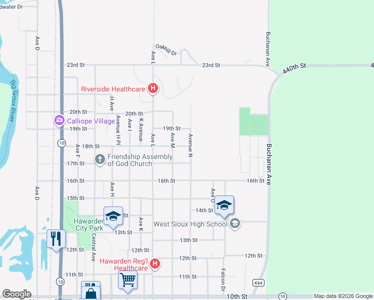 map of restaurants, bars, coffee shops, grocery stores, and more near 1765-1799 Avenue North in Hawarden