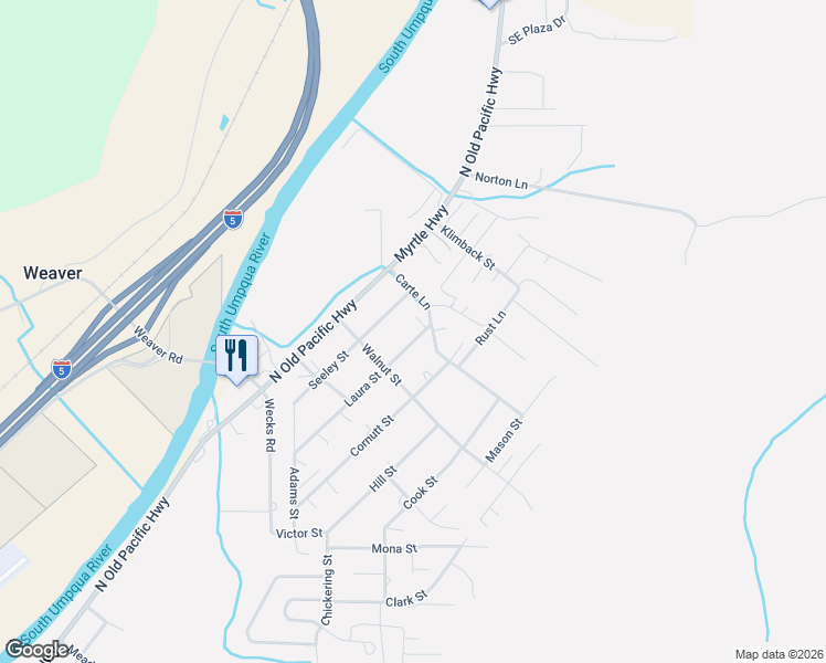 map of restaurants, bars, coffee shops, grocery stores, and more near 1123 Laura Street in Myrtle Creek