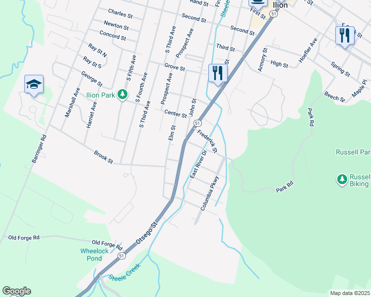 map of restaurants, bars, coffee shops, grocery stores, and more near 319 Otsego Street in Ilion