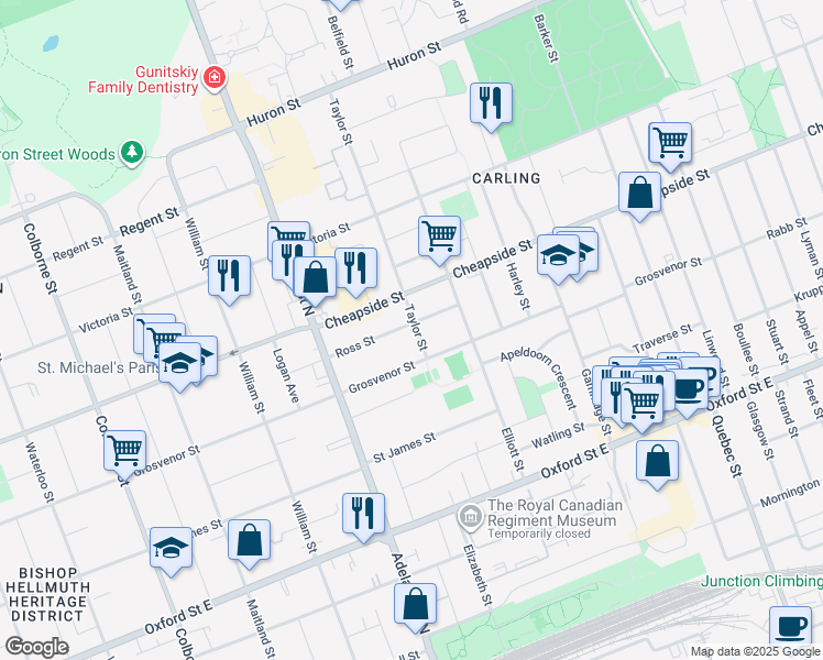 map of restaurants, bars, coffee shops, grocery stores, and more near 637 Cheapside Street in London