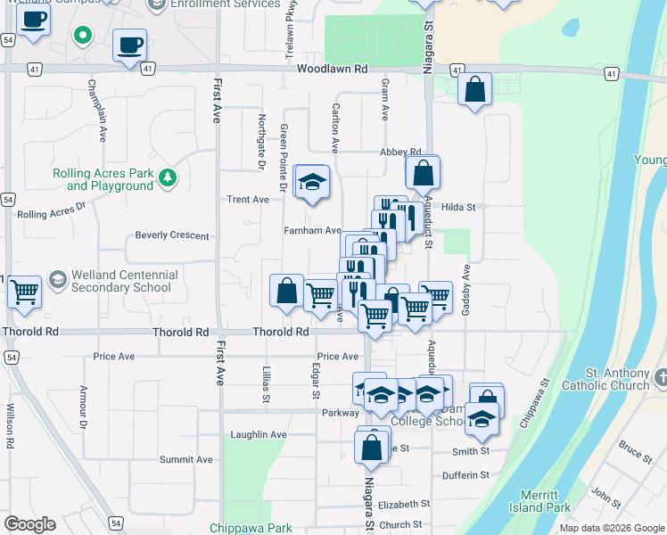 map of restaurants, bars, coffee shops, grocery stores, and more near 31 Carlton Avenue in Welland