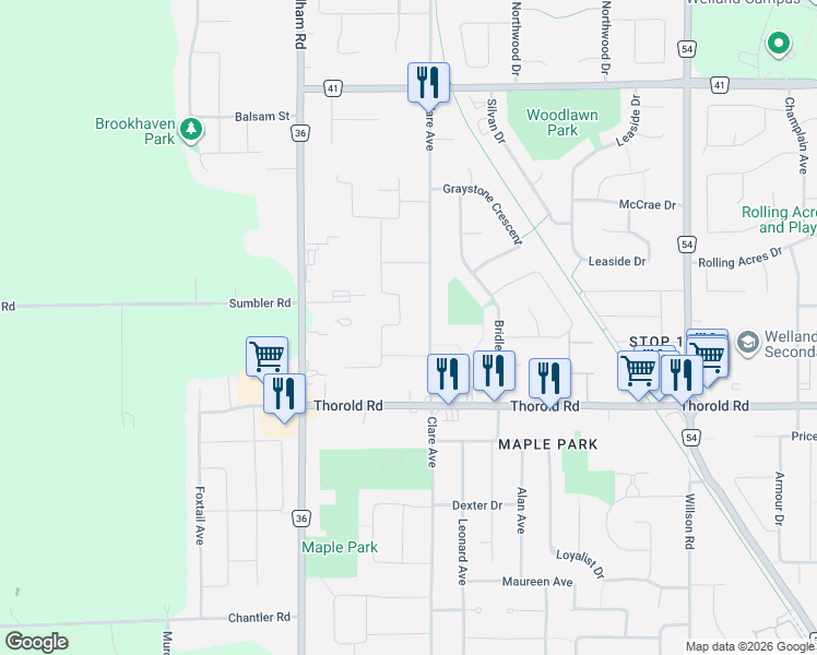 map of restaurants, bars, coffee shops, grocery stores, and more near in Welland