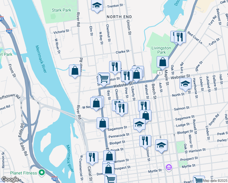 map of restaurants, bars, coffee shops, grocery stores, and more near 50 Webster Street in Manchester