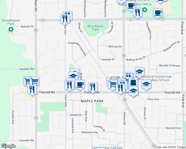 map of restaurants, bars, coffee shops, grocery stores, and more near 86 Chapel Hill Crescent in Welland