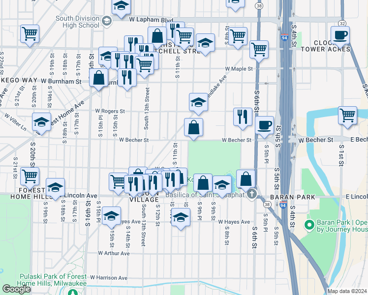 map of restaurants, bars, coffee shops, grocery stores, and more near 1024 West Becher Street in Milwaukee