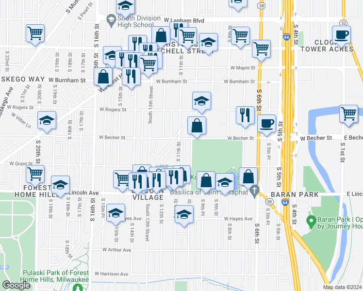 map of restaurants, bars, coffee shops, grocery stores, and more near 1024 West Becher Street in Milwaukee