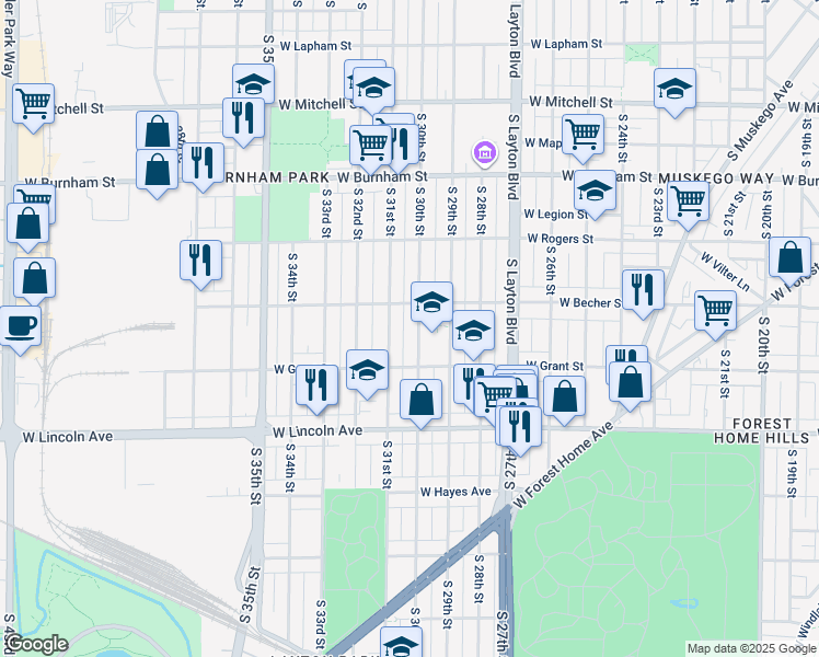 map of restaurants, bars, coffee shops, grocery stores, and more near 2106 South 31st Street in Milwaukee