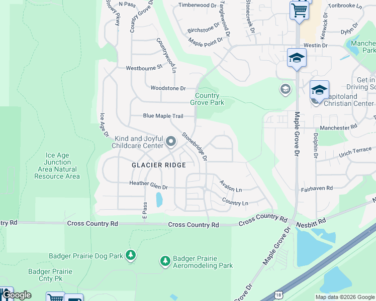 map of restaurants, bars, coffee shops, grocery stores, and more near 3602 Stonebridge Drive in Madison