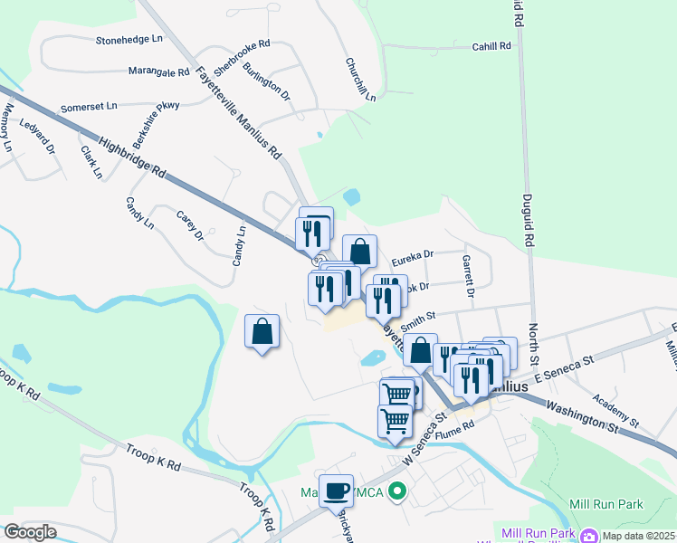 map of restaurants, bars, coffee shops, grocery stores, and more near 7670 Highbridge Road in Manlius