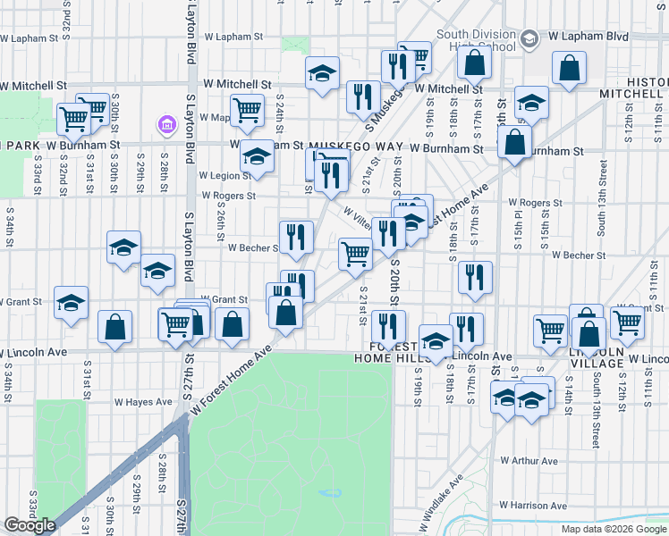 map of restaurants, bars, coffee shops, grocery stores, and more near 2125 West Becher Street in Milwaukee