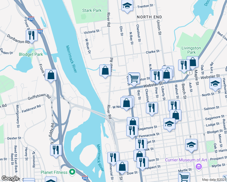 map of restaurants, bars, coffee shops, grocery stores, and more near 93 West Webster Street in Manchester