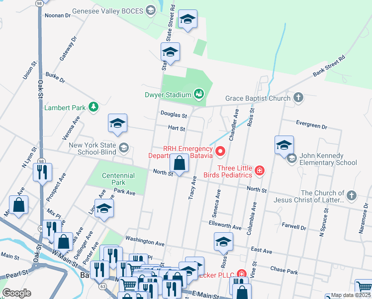 map of restaurants, bars, coffee shops, grocery stores, and more near 231 Bank Street in Batavia