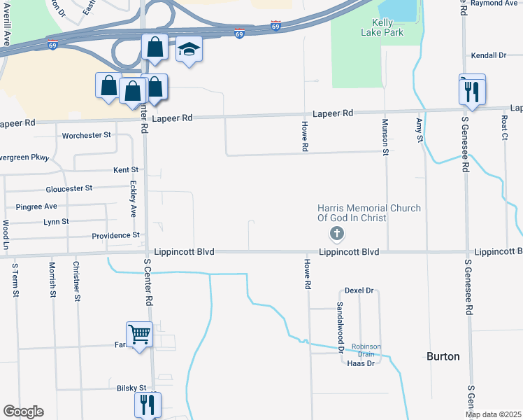 map of restaurants, bars, coffee shops, grocery stores, and more near 4181 Lippincott Boulevard in Burton