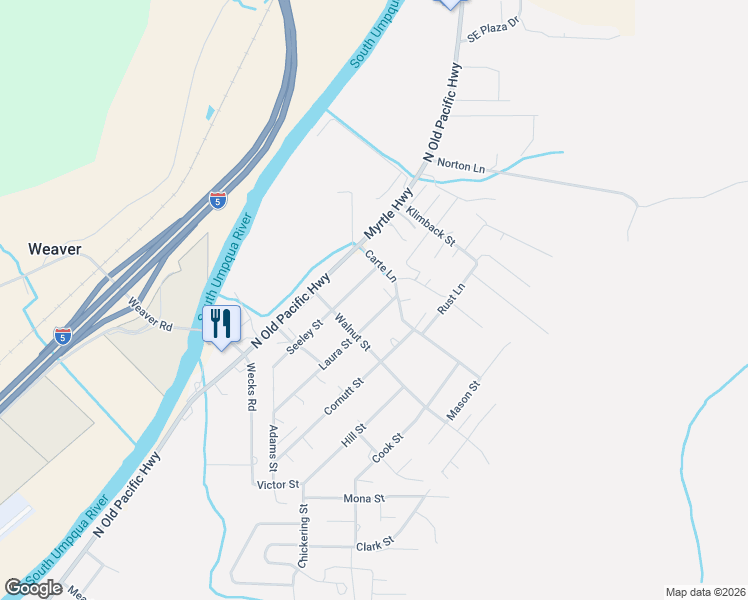 map of restaurants, bars, coffee shops, grocery stores, and more near 1117 Laura Street in Myrtle Creek